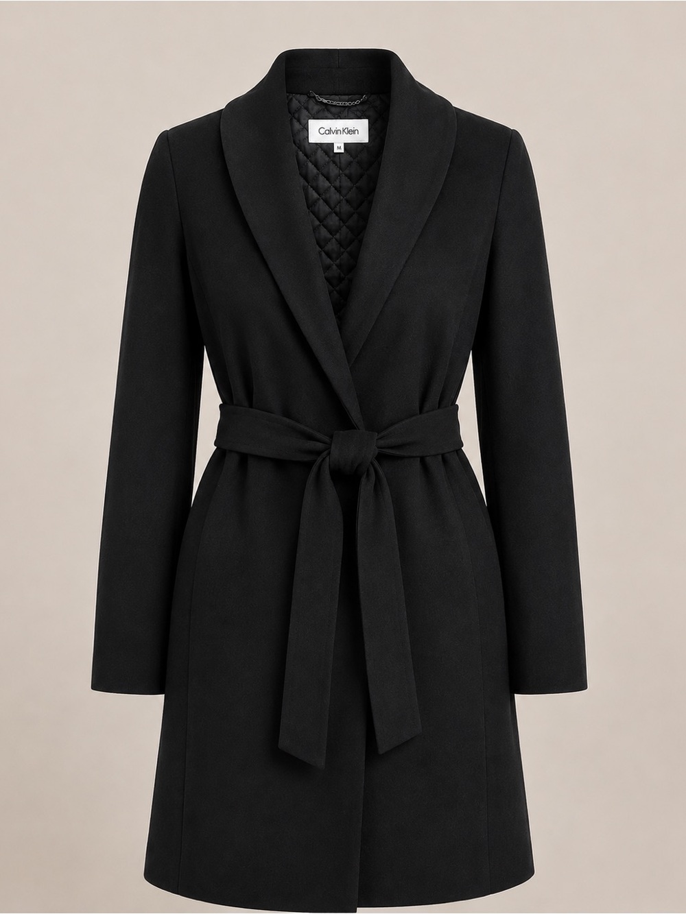 Calvin Klein Black Belted Wrap Coat Quilted Lined Size M
